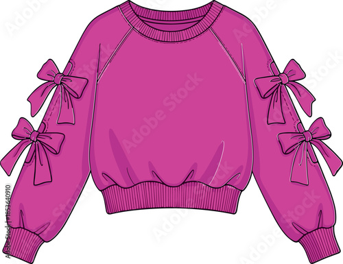 Technical flat illustration of a pink baby smock dress with floral embroidered bodice, chevron pattern, and pom-pom trim on the flutter sleeves, vector template for children's wear design.