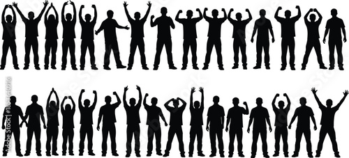 Crowd of cheering people silhouettes raising arms celebrating success unity motivation teamwork strength isolated on white background illustration