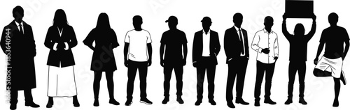 Diverse people silhouettes standing together, different professions and lifestyles, black human figures collection isolated on white background illustration