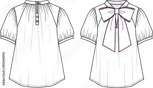 Technical flat sketch (front and back view) of a combination mini dress with a raglan sleeve knit top, shirred elastic waist, and pleated bottom skirt, vector template for chic apparel design.