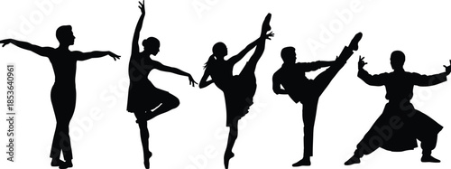 Dance and martial arts silhouettes showing ballet and kung fu poses, athletic movement collection isolated on white background vector illustration