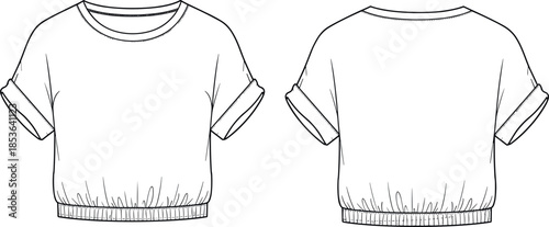 Technical flat sketch (front and back view) of a loose-fit crop top with cuffed sleeves and an elasticated ribbed hem, vector template ideal for women's apparel design and casual wear production.