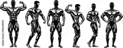 Male bodybuilding illustration poses, muscular anatomy flexing physiques, fitness strength concept, isolated monochrome athlete character collection art design poster vector