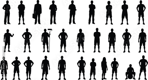 Male worker silhouettes standing poses, different professions body positions, casual clothing figures, isolated human character illustration collection