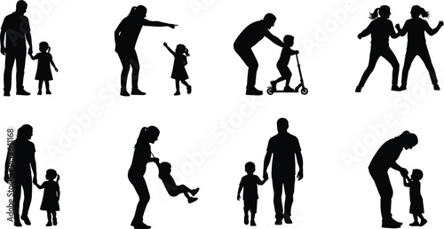 Parent and child silhouettes playing together, family bonding moments, father mother kids activities, love care childhood lifestyle illustration set