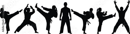 Martial arts fighter silhouettes performing high kicks and combat stances, karate training action poses isolated on white background