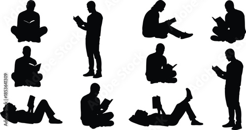 People reading book silhouettes in various poses, sitting standing lying positions, education knowledge lifestyle concept, isolated reader illustration collection