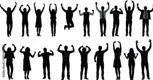 People silhouettes celebrating success with raised arms, victory joy poses, male female achievement concept, isolated motivation teamwork illustration collection