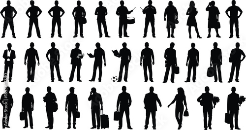 People silhouettes collection showing business professionals workers musicians travelers and everyday activities isolated on white background illustration
