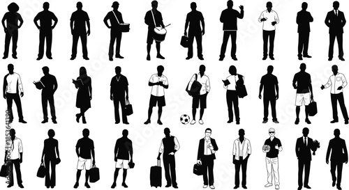People silhouettes collection showing diverse professions, business workers, daily activities, standing poses, black vector human figures isolated on white background