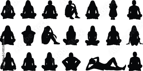 People silhouettes sitting cross legged poses, male female meditation relaxation postures, calm lifestyle body positions, isolated human illustration collection