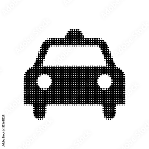 Minimal black halftone illustration of a taxi car icon viewed from the front. Urban transport and mobility symbol for navigation, ride service, city travel, app interface, and graphic design.
