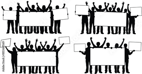 Protest crowd silhouettes holding blank banners, people demonstrating unity and activism, black human figures isolated on white background vector illustration