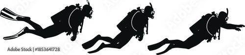Scuba diver silhouettes swimming underwater, professional diving equipment poses, black human figures collection isolated on white background illustration