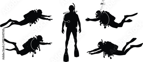 Scuba diver silhouettes underwater swimming poses, professional diving equipment action, ocean adventure sport illustration, isolated deep sea explorer collection