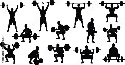 Weightlifting athlete silhouettes performing squat clean jerk exercises, strength training bodybuilding fitness poses isolated on white background