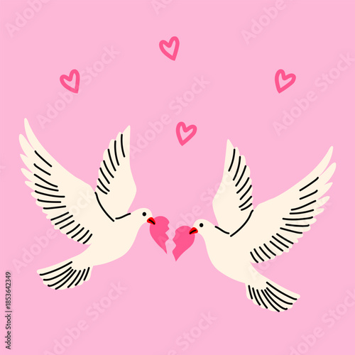 Two doves sharing a broken heart with love