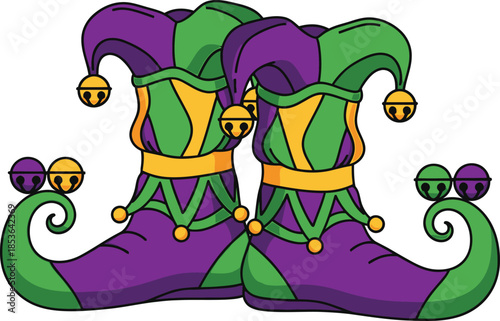 Mardi Gras Jester Boots Vector with Bells and Gold Trim