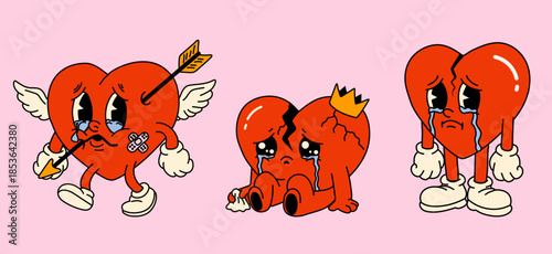 Emotional heart characters with tears, bandages, and crowns