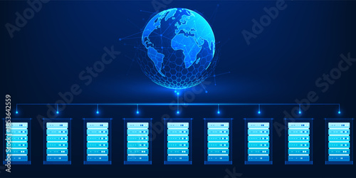 Data Center Technology Background with Server Racks Connecting Global Data Transmission via Internet Network, Cloud Computing Infrastructure, Worldwide Information Exchange, Digital Communication