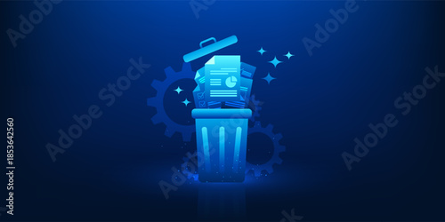 Digital Data Delete Technology Background, Trash Bin with Error Document Files, Data Loss and System Failure, Corrupted Files Cleanup, Cyber System Error, Information Management, Storage Problem
