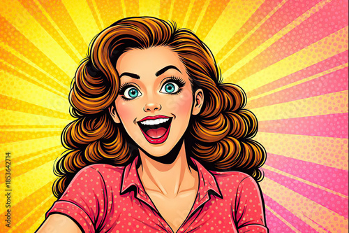 Excited pop art woman feeling surprise and joy