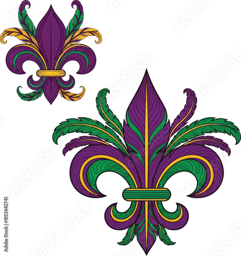 Mardi Gras Fleur de Lis Vector with Feathers and Gold
