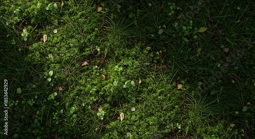 Lush green moss and grass carpet with scattered fallen leaves and small plants, a detailed natural ground texture.