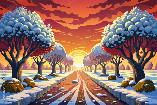 Chestnut trees coated with snow line a rural lane, forming a quiet winter passage framed by bare branches and frozen seasonal surroundings