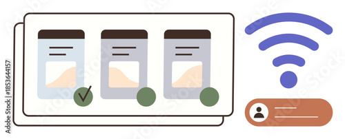Three interface panels with selection ticks, wireless signal icon, and user identification. Ideal for digital workflow, technology, wireless communication, decision-making, automation, remote