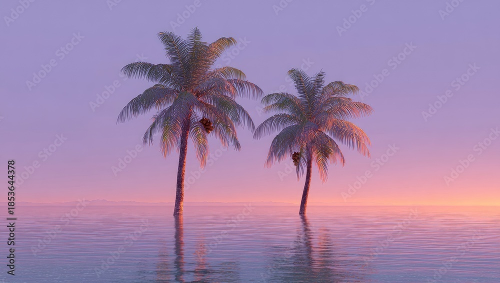 Obraz premium Twin palm trees stand in tranquil shallow water at sunset