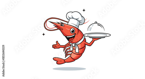Cheerful shrimp mascot character dressed as a chef with a tall white hat, smiling and serving a dish on a silver platter.