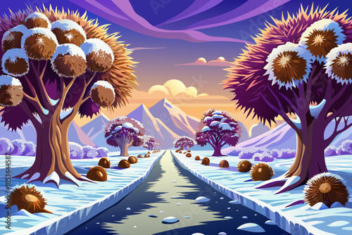 Chestnut trees coated with snow line a rural lane, forming a quiet winter passage framed by bare branches and frozen seasonal surroundings