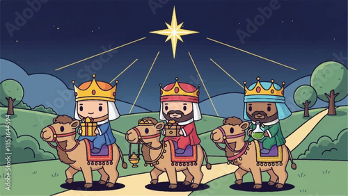 Three wise men riding camels. King illustration. Christmas and New Year holiday scene. Vector cartoon characters. Night sky with star. Desert landscape background.