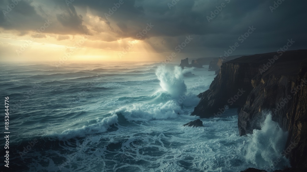 Fototapeta premium Sunset waves crashing on cliffs