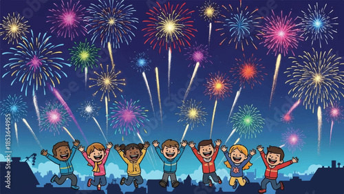 Diverse kids celebrating. Happy children with arms up. Colorful fireworks explosion. Nighttime sky. Vector illustration. Celebration scene. Kids party. Fireworks display. Joyful children.