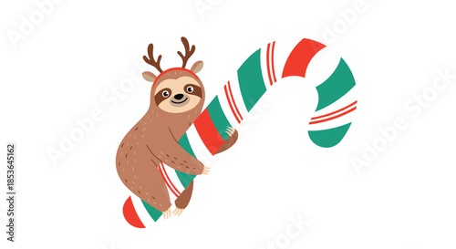 Festive Christmas sloth wearing reindeer antlers, happily clinging to a giant red, white, and green striped candy cane.