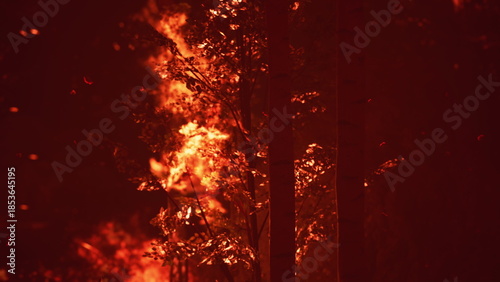 Fotografi Luminous flames dance among tall trees, casting a fiery glow against the darkened landscape