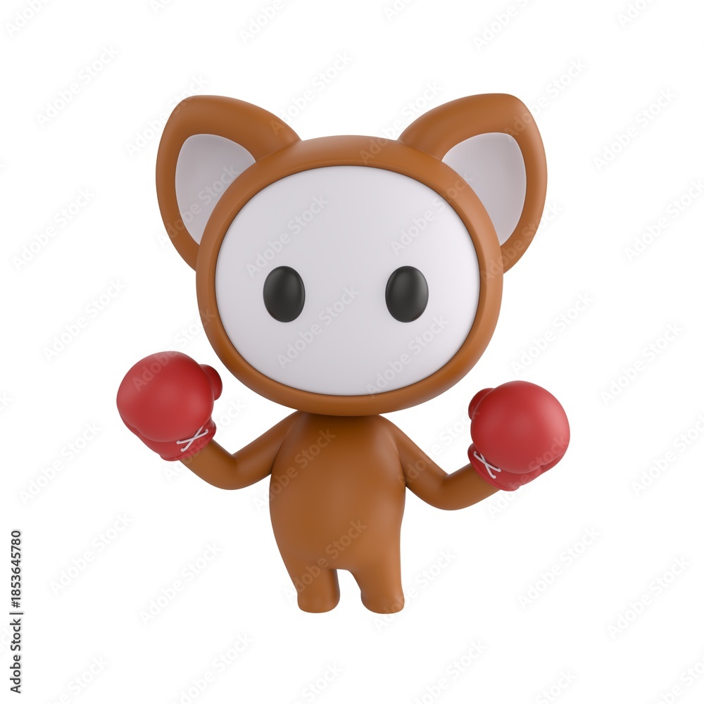 Fototapeta premium Cute 3D render Little Brown Monster character wearing boxing gloves and raising both hands in a guard stance, ready to fight, showing determination and confidence, isolated on white background.