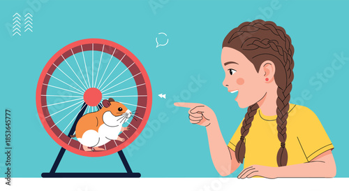 Happy girl with braided pigtails pointing and smiling at her cute pet hamster, which is running inside a red exercise wheel.