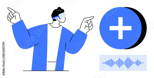 Virtual reality theme. A person wearing VR glasses interacting with a digital interface alongside audio waveform and plus icon. Virtual reality technology for gaming, education, healthcare, design