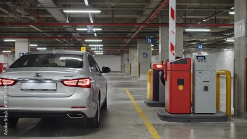 Car approaches a parking barrier in a large underground garage during a busy afternoon
