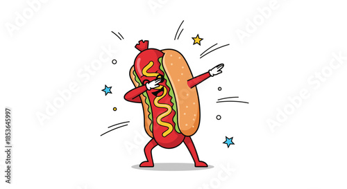 Funny and energetic hot dog mascot with arms and legs, wearing a cool expression while doing the trendy dab dance pose.