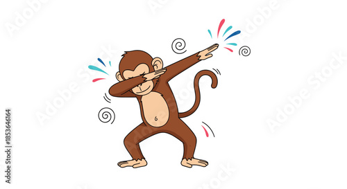 Playful cartoon monkey with a long curly tail and a cheeky smile, striking a cool and trendy dab dance pose.