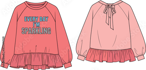 Technical flat sketch of a casual sweatshirt with raglan sleeves, chest graphic, back tie, and ruffled peplum hem, vector template ideal for women's and children's apparel design.