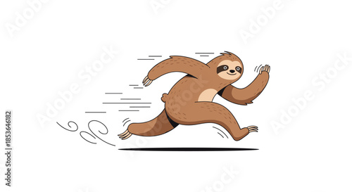 Humorous illustration of a typically slow sloth running at full speed, with motion lines and dust clouds indicating rapid movement.