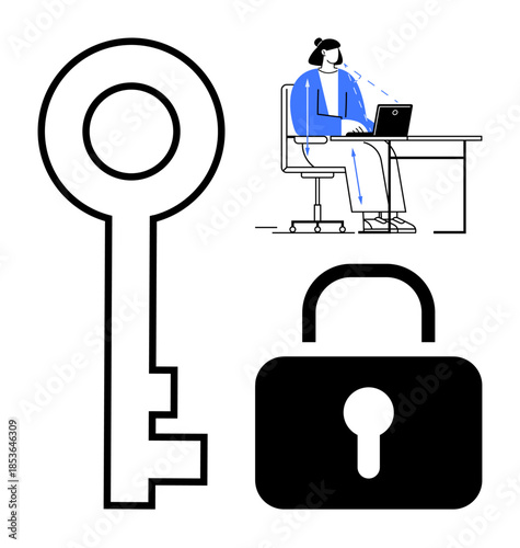 Digital security concept. Digital security with key, padlock, and individual working on laptop. Digital security protecting online data and privacy. For cybersecurity, IT systems, online platforms