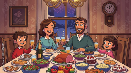 Happy family having dinner. Family sitting at table with food. Thanksgiving or Christmas meal. Vector illustration of family eating. Dinner table with food and drinks. Family enjoying meal