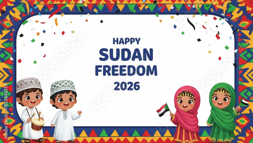 Sudan Freedom Day celebration banner. Happy Sudan Freedom 2026 poster. Cartoon children in traditional clothing. Confetti and colorful border. Vector illustration for holiday greeting card.