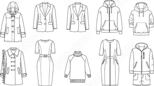 Vector set of clothing technical sketches including coats, blazers, hoodies, dresses, and sweaters for fashion design and apparel.